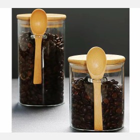 علب بهارات زجاج غطاء خشب بامبو + معالق خارجية + ملصقات