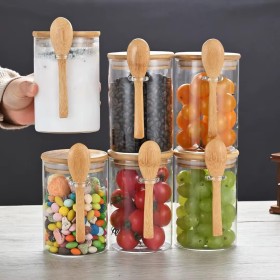 علب بهارات زجاج غطاء خشب بامبو + معالق خارجية + ملصقات