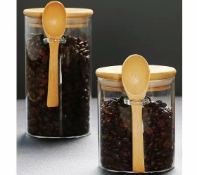 علب بهارات زجاج غطاء خشب بامبو + معالق خارجية + ملصقات